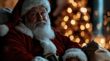 A man dressed as Santa Claus sits in a chair with a bag in front of him photo