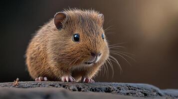 A small brown rodent with a black nose and big eyes is standing on a log photo