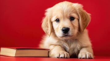 A golden retriever puppy sitting next to a book photo