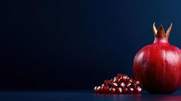 A pomegranate and some pomegranate seeds on a blue background photo