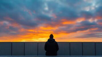 A person sitting on a bench looking at the sunset photo