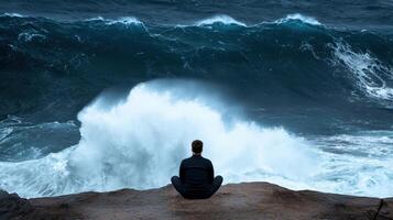 A man sitting on a rock looking at the ocean photo