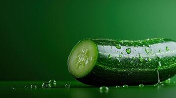 A cucumber is sitting on a green surface with water droplets photo