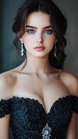 Beautiful woman in black dress with earrings photo