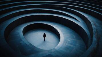 A man standing in a circular room with a spiral staircase photo