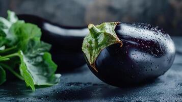 A close up of two eggplants with leaves photo