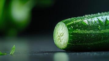 A cucumber is cut in half on a black surface photo