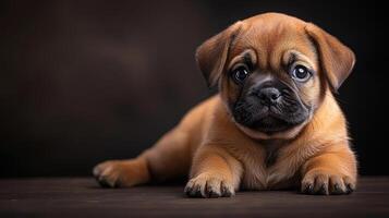 A puppy is sitting on a dark background photo