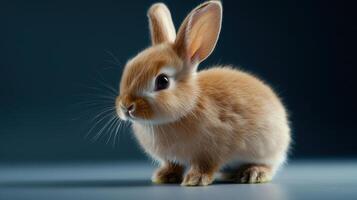 A small brown rabbit is standing on a dark background photo