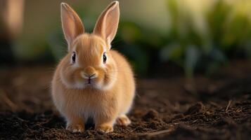 A small rabbit is standing in the dirt photo