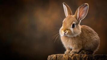 A small brown rabbit sitting on a stump photo