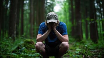 A man in a hat sitting in the woods photo