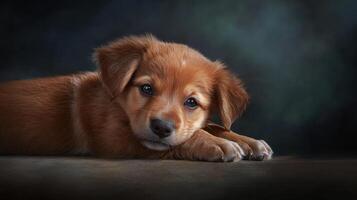 A brown puppy laying down on a dark background photo