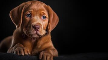 A brown puppy is sitting on a black background photo