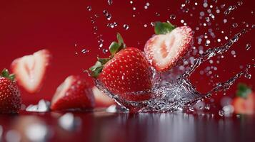 Strawberries falling into water on a red background photo