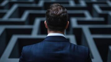 A man in a suit looking at a maze photo