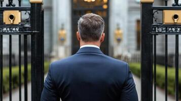 A man in a suit is standing in front of a gate photo