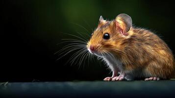 A small brown mouse is standing on a black surface photo