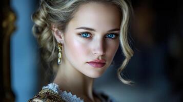 Beautiful blonde woman with blue eyes photo