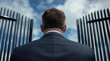 A man in a suit is looking at a gate photo