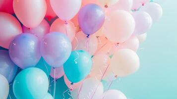 Many colorful balloons are hanging from a wall photo