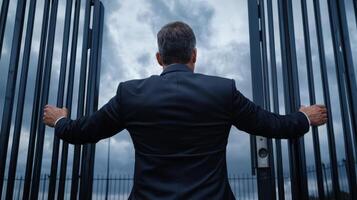 A man in a suit is standing in front of a metal gate photo