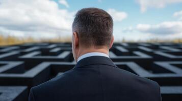 A man in a suit and tie looking at a maze photo