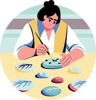 A flat illustration of a character making stone painting vector