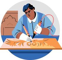 A flat illustration of a character making carving design vector