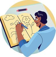 A flat illustration of a character making hand drawing on a sketchbook vector