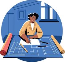 A flat illustration of a character doing drafting vector