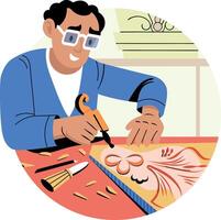 A flat illustration of a character making design with wood carving technique vector