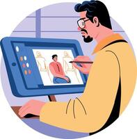 A flat illustration of a character using drawing tablet vector