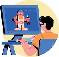 A flat illustration of a character making pixel art on system vector