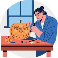 A flat illustration of a character carving pumpkin with knife vector