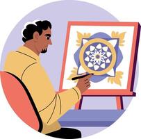 A flat illustration of a character making mandala art vector