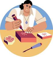 A flat illustration of a character doing stamp carving vector