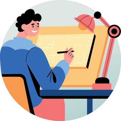 A flat illustration of a character Blueprinting a design with pencil