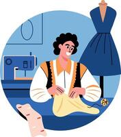 A flat illustration of a character sewing cloth with hands vector
