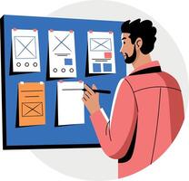A flat illustration of a character making wireframe design vector