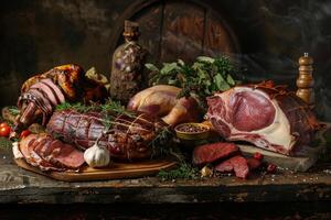 A table with a variety of meats and vegetables, including a large piece of meat photo