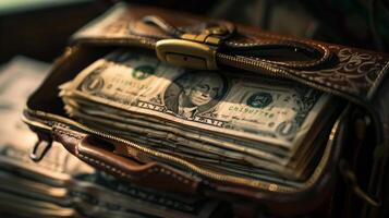 A brown briefcase with a lot of money in it photo