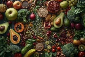 A colorful assortment of fruits and vegetables are displayed on a table photo
