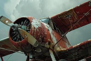 An old airplane with a rusty propeller on it photo