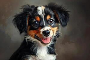 A dog with a black and brown coat is smiling and looking at the camera photo