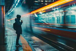 A man is standing on a train platform with a cup in his hand photo