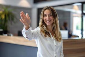 A woman is smiling and waving at the camera photo