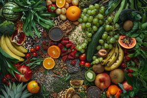 A colorful assortment of fruits and vegetables, including bananas, apples photo