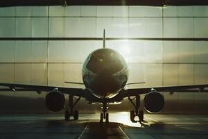 An airplane sitting in front of a large window photo