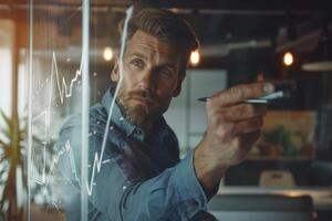 A man with a beard is looking at a graph on a window photo